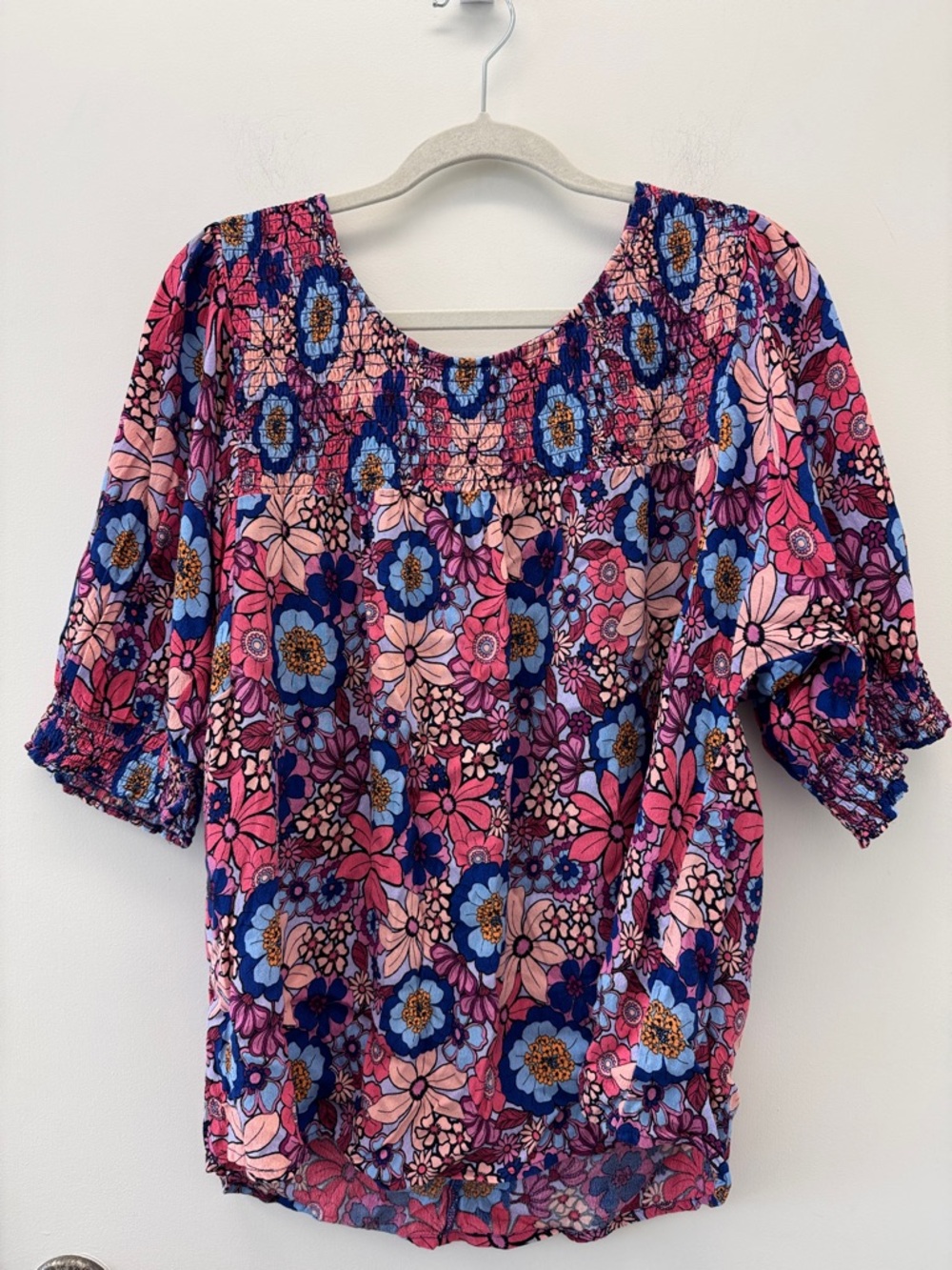 Terra & Sky Pink & Blue Floral Smocked Neck Blouse Size 1X